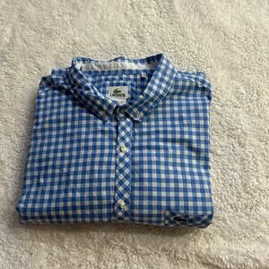 Lacoste Mens Plaid Plus Size 3XL Blue and White Plaid Short Sleeve Button Up